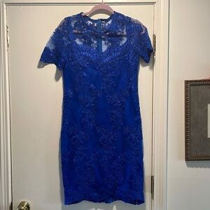 Cachet Blue Midi Sheath Dress with Crew Neck